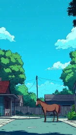 Gentle horse pauses in a quiet neighborhood street at dusk.