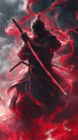 Dark ninja warrior with twin katanas in red smoke storm.