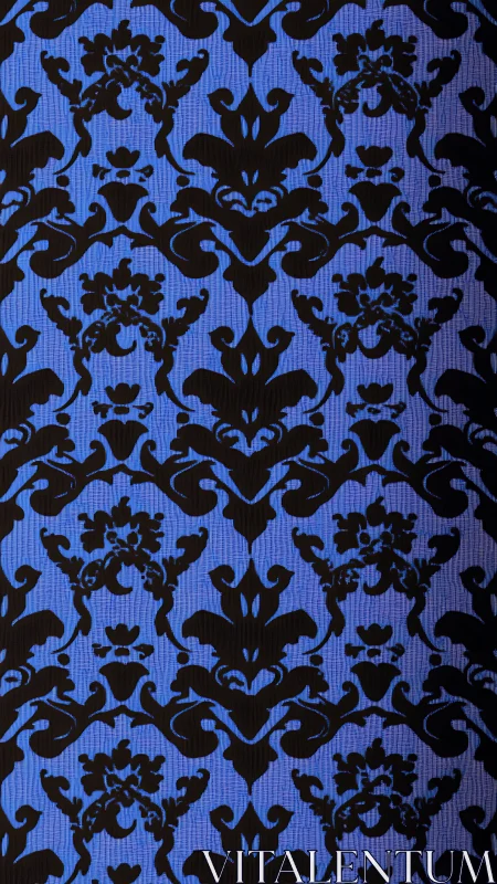 Ornate damask tessellation on blue textile field, high contrast.