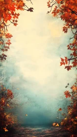 Autumn river mist opens a tranquil frame of golden leaves