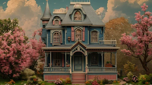 Victorian blue manor with ornate porch and blooming trees.
