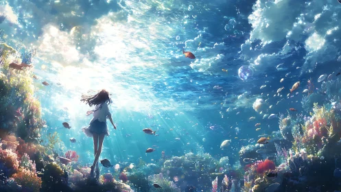 Submerged girl amid coral reef and distant sunlit water surface.