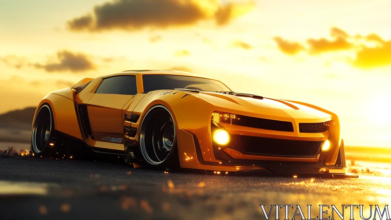 Golden sunset muscle supercar on coastal highway road