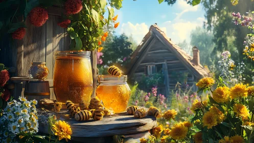Backlit honey jars on rustic wooden table with cottage garden