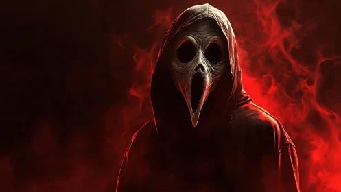 Hooded nightmare wreathed in crimson smoke and shadowed dread.