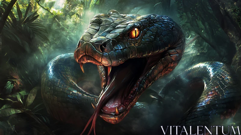 Venomous snake lunges forward in dense rainforest setting