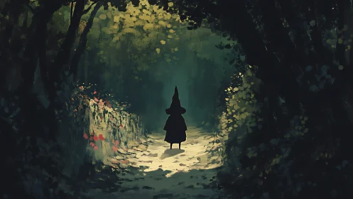 Digital painting of cloaked figure on dappled forest path.