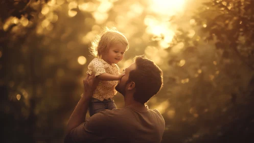 Adult holds small child outdoors in strong backlighting conditions
