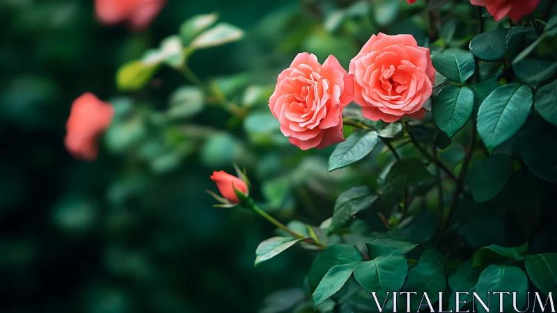 Coral roses blooming in lush garden setting.