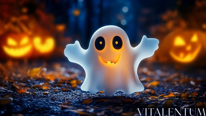 Glowing cartoon ghost smiles amid playful Halloween pumpkins