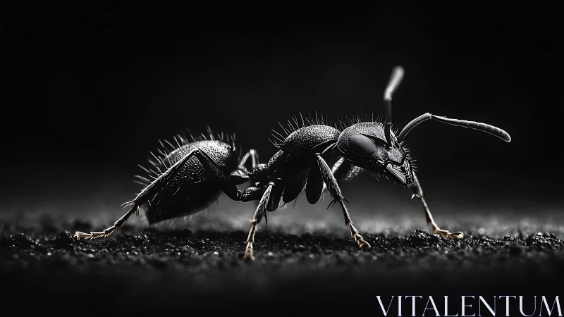 High-contrast macro portrait of black ant on dark ground.