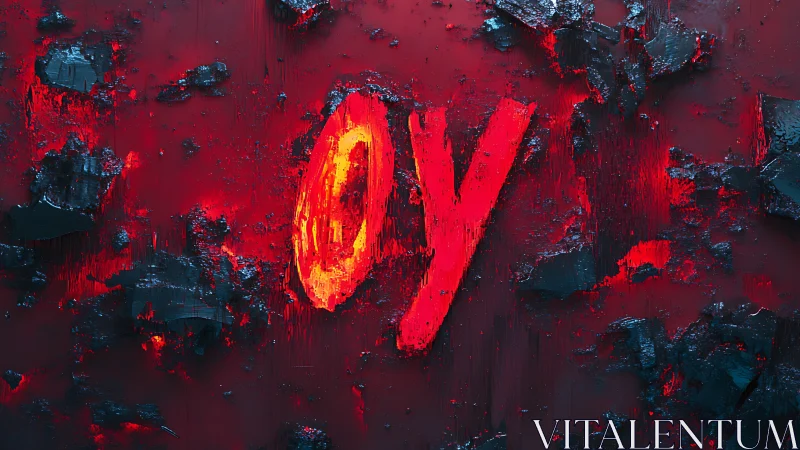 OY letters carved in glowing red lava textures on canvas.
