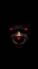 Low‑key horror clown portrait with glowing red eyes and nose