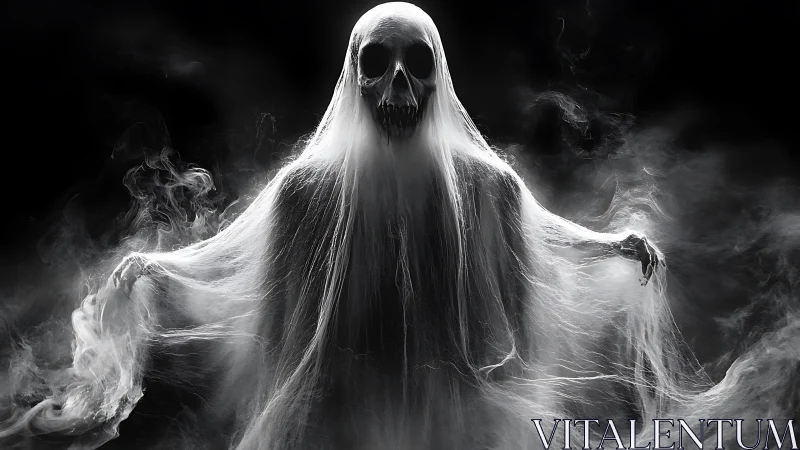 Hooded skeletal figure emerges within diffused volumetric smoke