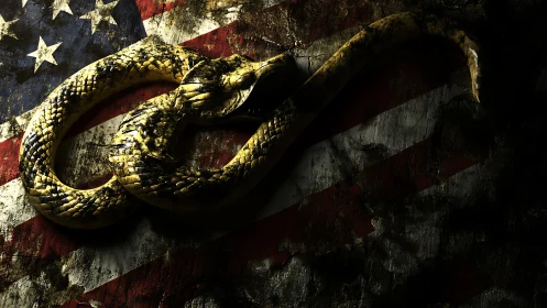 Coiled yellow snake in high-contrast relief over weathered US flag