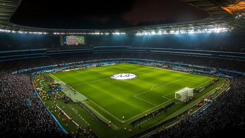 Roaring stadium crowd gathers under bright lights for kickoff