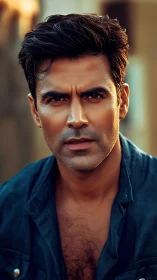 Sunlit gaze of a rugged wanderer in teal denim focus.