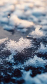 Delicate frost crystals glow softly on a calm winter surface