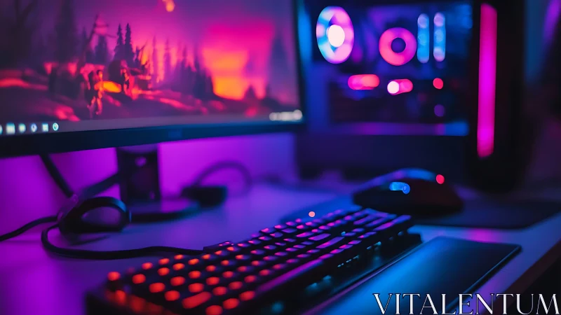 RGB-illuminated gaming workstation under neon ambient lighting.