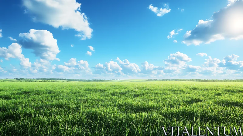 Endless spring meadow under vivid blue cumulus sky.