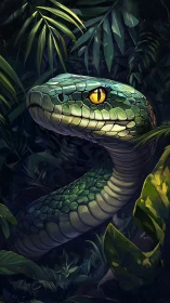Curious emerald serpent peeking gently through lush jungle leaves.