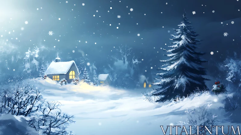 Snowy winter cabin and fir tree under night sky.