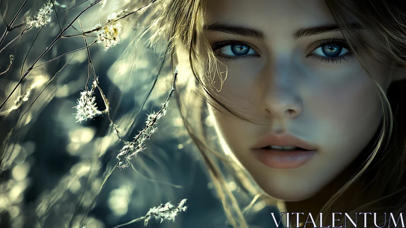 Glimmering blue-eyed portrait rests among soft wild branches