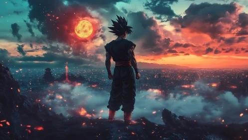 Silhouetted warrior over illuminated city under red moon.