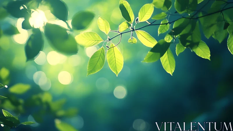Sunlit green leaves with soft bokeh background, nature photography.