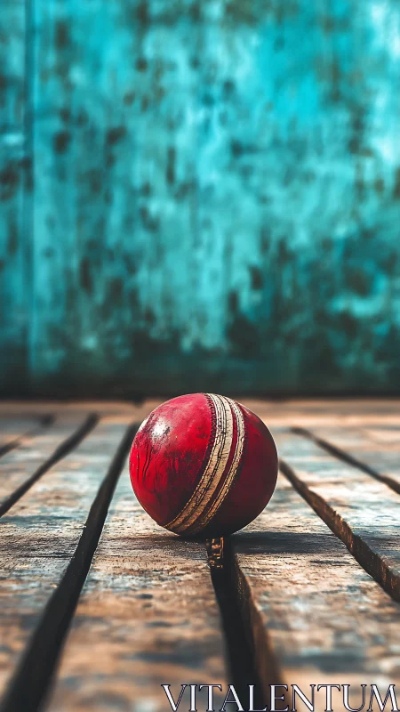 Red cricket ball rests on rustic wooden planks in focus.