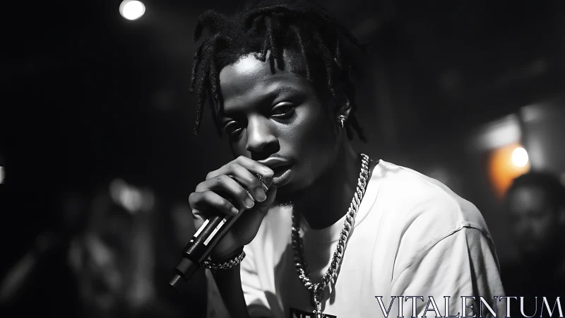 Monochrome close-up of hip-hop vocalist in moody stage lighting