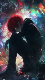 Quiet red haired dreamer resting in a storm of color.