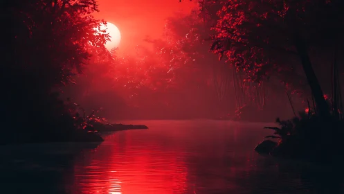 Red sun over dense riverside forest with reflective water.
