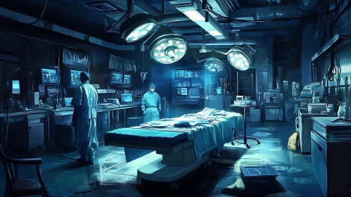 Sterile blue-lit surgical theater with monitors and staff on call.
