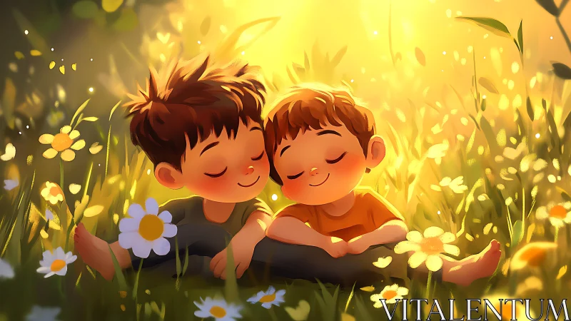 Golden-hour children resting in stylized daisy meadow.