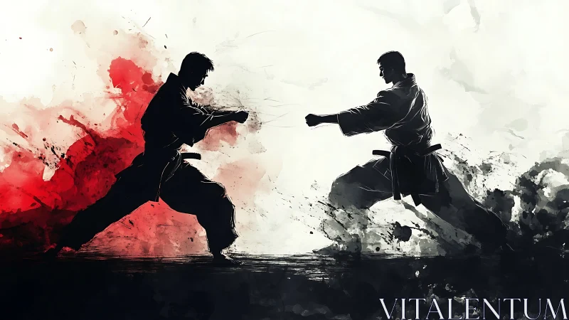 Martial artists trade powerful strikes in bold ink splashes