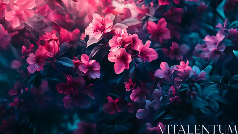 Neon Floral Garden: Pink and Magenta Blossoms in Deep Blue Night