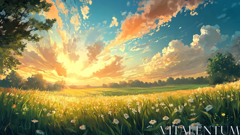 Sunlit wildflower meadow soaking in a golden evening sky.