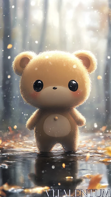 Soft plush bear under autumn rain in glowing forest path.