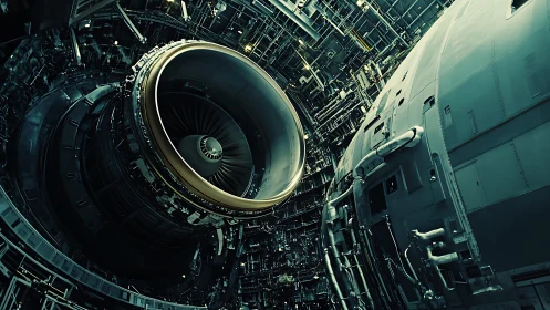 Wide-angle view isolates futuristic aircraft turbine assembly