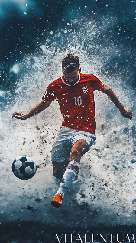 Soccer player kicking ball amid dynamic water splash effect.