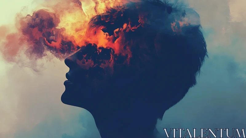 Silhouetted human head merging with orange fire cloud.