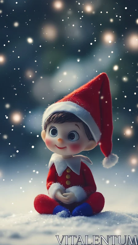 Tiny winter elf listens quietly to the falling snowlight