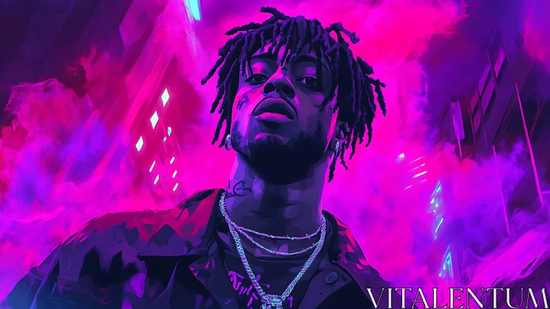 Neon city glow wraps a confident rapper in bold color