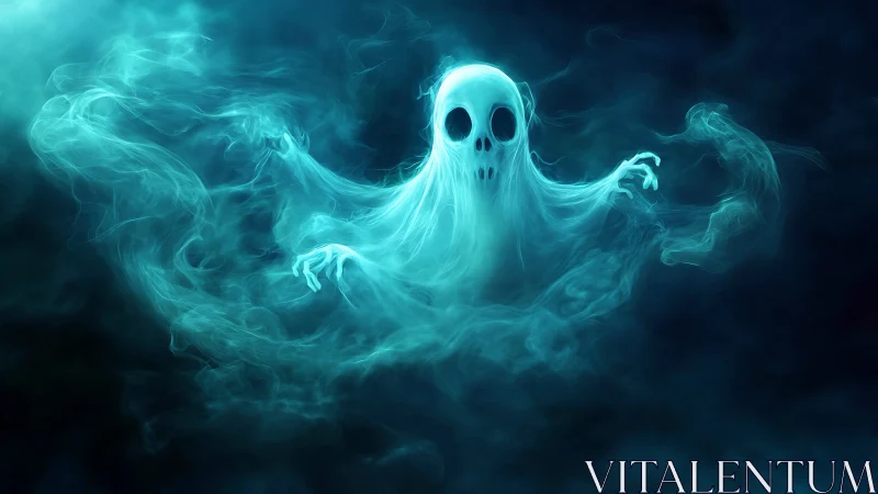 Whispering phantom of teal mist swirling in moonless dark.