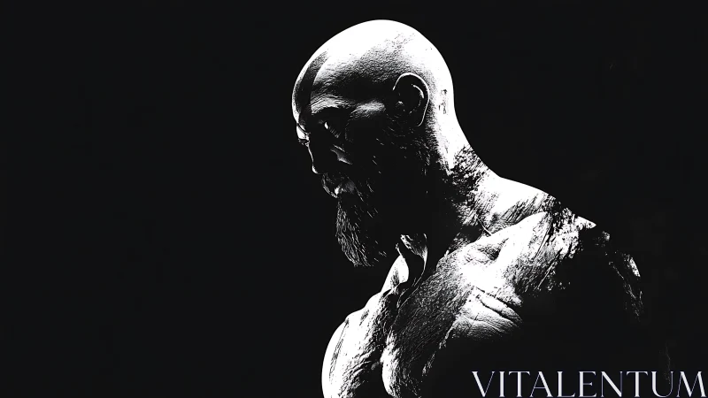 High-contrast monochrome bust of muscular bearded male figure.