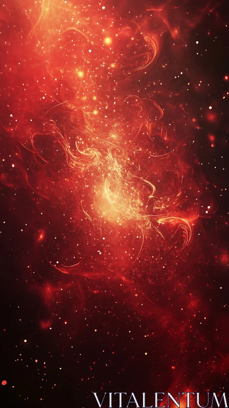 Fiery red nebula cloud with bright swirling star field.