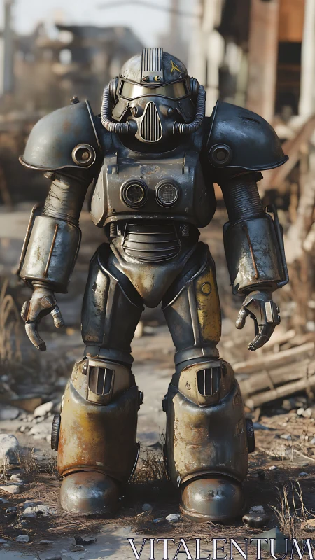 Armored combat exosuit stands in rusted urban ruins.