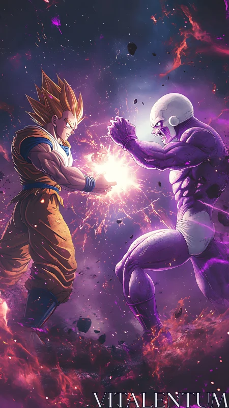 High-energy duel between two muscular warriors exchanging plasma blast