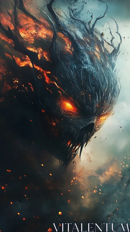 Flaming shadow demon head emerging through swirling smoke.